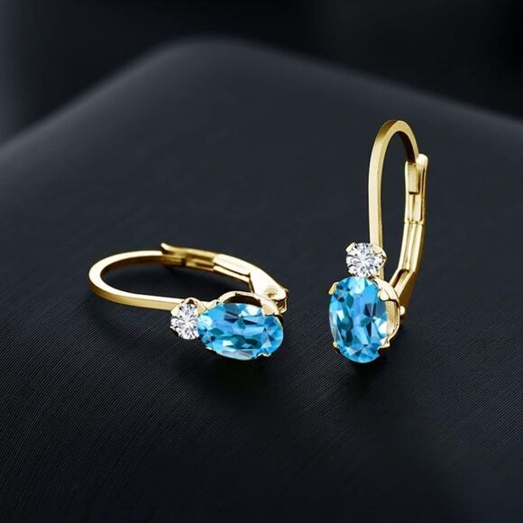14K Yellow Gold with 1.07 Cttw Swiss Blue Topaz and Diamond Leverback Earrings - Picture 2 of 4